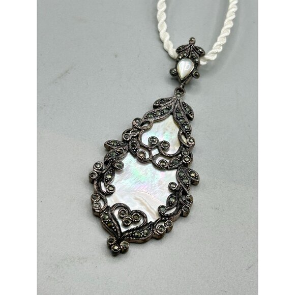 Vtg Sterling Silver & Marcasite Pendant Necklace Mother of Pearl Drop Pendant - Picture 2 of 11
